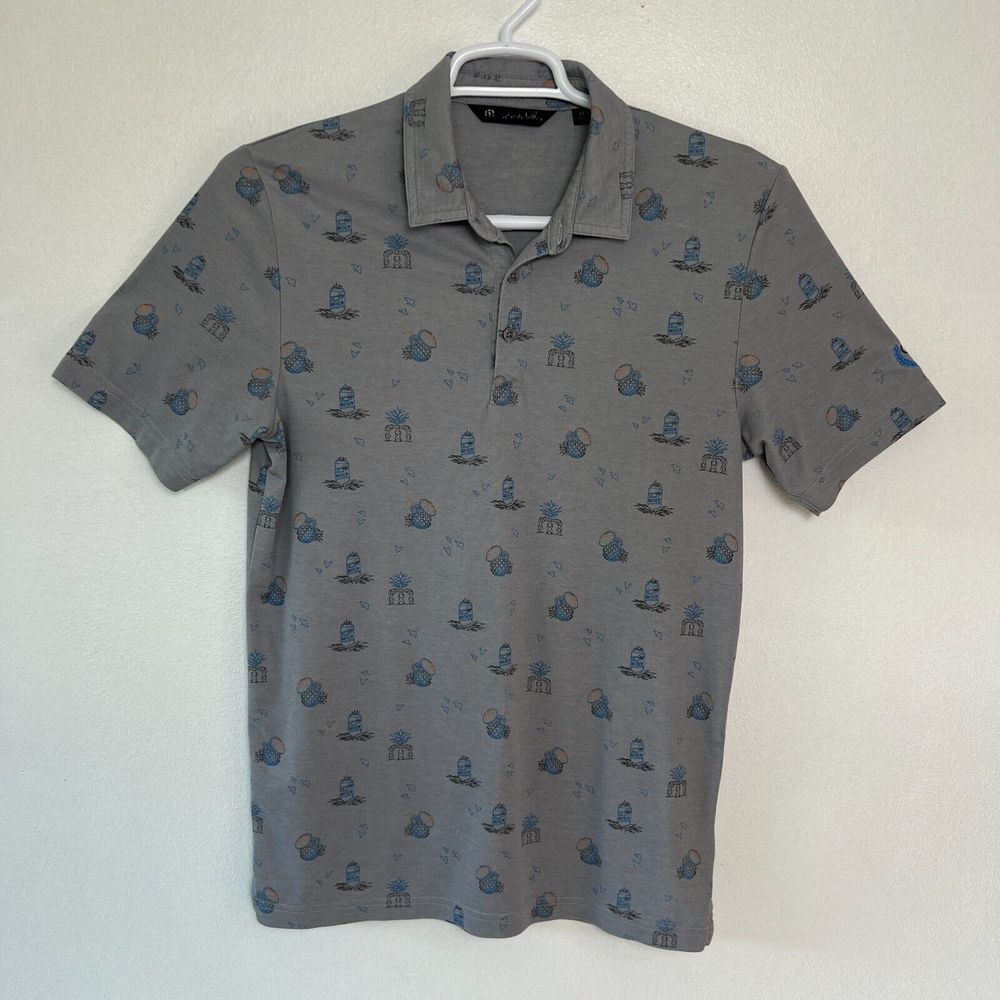 Travis Mathew Mens Polo Shirt Pineapple Cocktail All Over Print Short Sleeve Med
